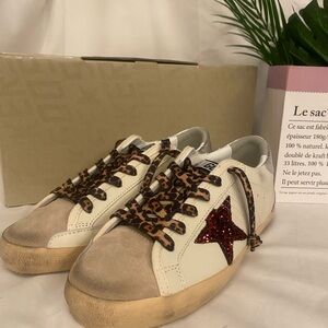 Golden Goose White Sneakers with Red Star and Leopard Accents